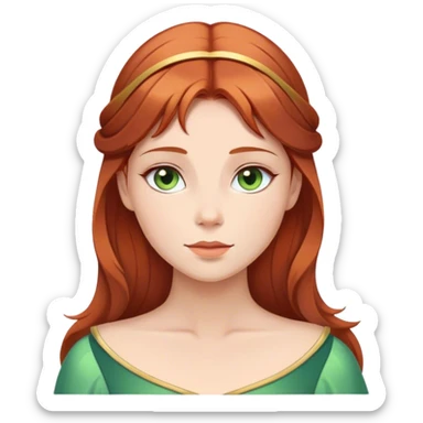 Cinematic Serene Sleeping Beauty Portrait Emoji, rendered in a simplified vector style. Depict a gentle Aurora (chest and above) with fair, glowing skin and softly cascading auburn hair, her expression calm and reflective, dressed in her timeless attire. The image exudes a soft, warm radiance with high shine and a subtle glowing outline. sticker