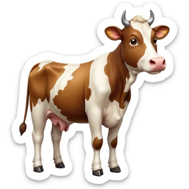 cinematic-[brown and white cow]-realistic-full-body-standing-emoji,-tail-flicking-lazily,-head-tilted-dramatically,-sleek-[brown and white]-coat,-simplified-yet-realistic-focused-features,-highly-detailed,-glowing-with-an-almost-sarcastic-glow sticker