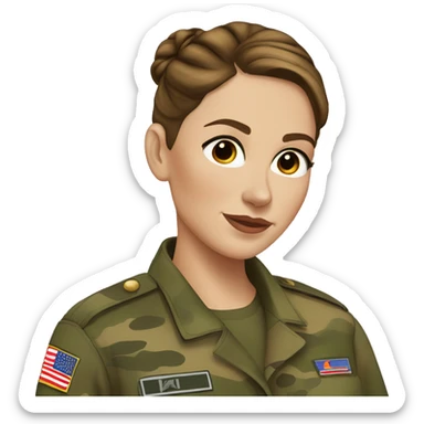 White freckled Woman in camo military uniform , brown hair, sleek hair bun sticker