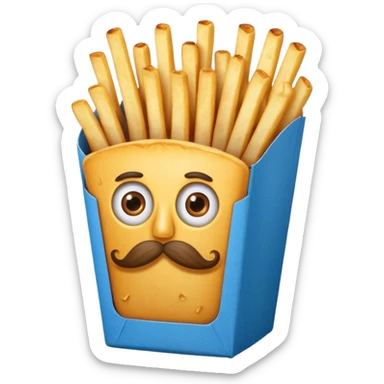 long slim crispy fries in a blue carton, carton has eyes and mustache sticker