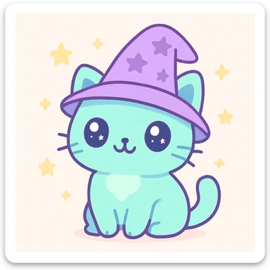 magical cat, kawaii style, wizard hat, starry background sticker