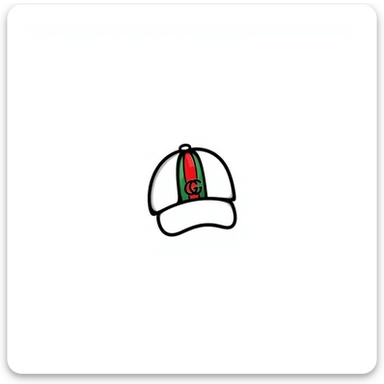 hand-drawn doodle of a Gucci cap with signature green and red stripes and logo sticker
