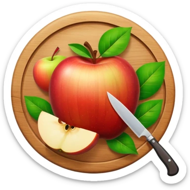 A round wooden board with a whole apple and several slices on it and knife with leaves, with a rainbow outline sticker