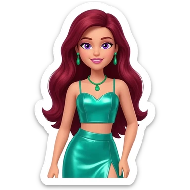 PJ from Barbie and Friends with violet eyes, long dark red hair, sea green metallic sweetheart crop top, sea green metallic assymetrical long skirt, green necklace and earrings sticker