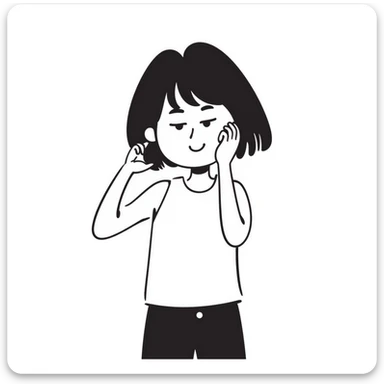 shy girl tucking her hair behind her ear, hand drawn notion style doodle sticker