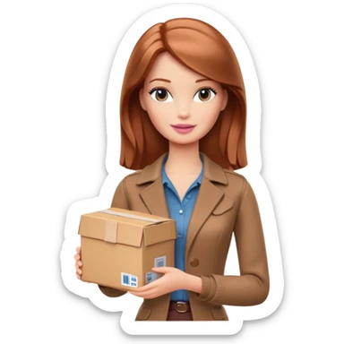 Barbie with shoulder-length reddish-brown hair in brown clothes holds a package box sticker