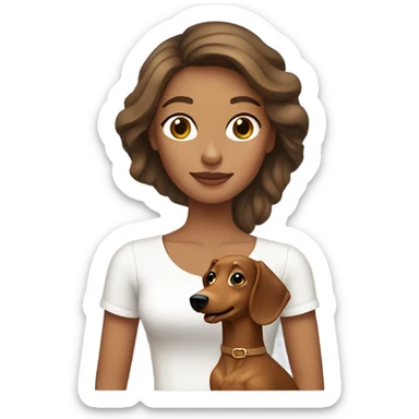 Brown haired woman with tan skin wearing white top holding a blonde long haired dachshund sticker