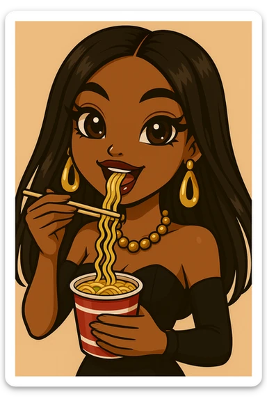 Change the pose to a 20-year-old anime Bratz style woman with dark skin, straight hair, trendy outfit, big expressive eyes, glossy lips, no hat, no tears, happy expression, looking straight ahead, eating a cup of noodles with chopsticks, headshot only. sticker