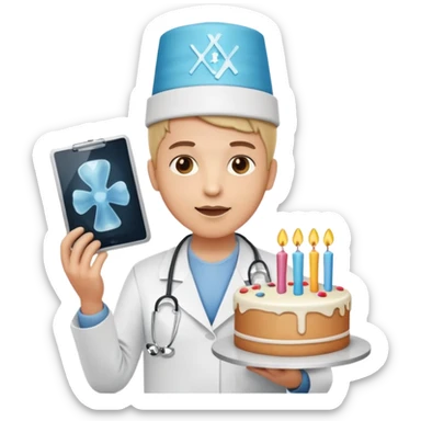 doctor emoji holding X-ray, birthday hat with cake on top. sticker