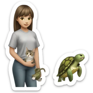 girl-with-bang-cut-and-grey-and-white-cat-and-turtle-cat-in-hand sticker