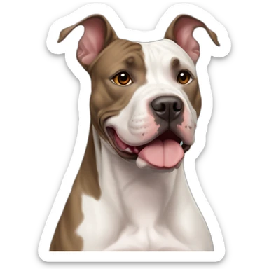 Pitbull and lacy dog mix, pronounced brindle color, whiteish pale chest, 65 pounds, full flappy ears sticker