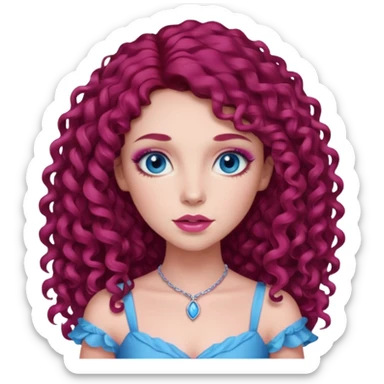 Chappell Roan long dark red curly hair, blue eyes, pink eyeshadow and lip, pink dress sticker