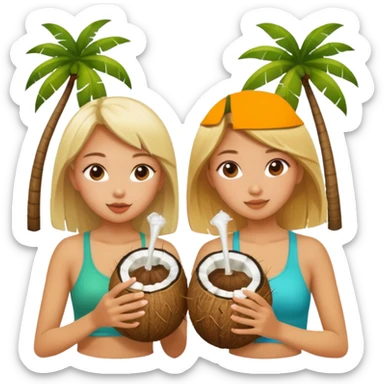 Two girls drinking out of a coconut one is Asian the other one is blonde  sticker