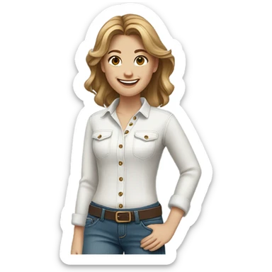 White girl with medium length light brown hair in denim jeans and white shirt smiles sticker