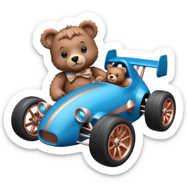 dark crystal blue and rosegold-accented rc racing car driven by a small cute fearless teddy business bear with rear spoiler, roll bar, and wheely bar sticker