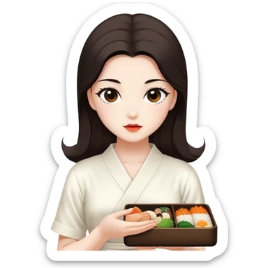 Beautiful woman in 1950’s woman fashion look, white dress, long dark brown hair, Japanese bento sticker