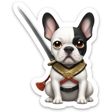 Pied French bulldog with samurai sword sticker