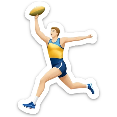 An icon featuring a collage of track and field equipment: a javelin, shot put, discus, high jump bar, and running shoes. The background shows a lively stadium with cheering fans, bright lights, and a clear sky, symbolizing the diversity of athletics. Transparent background emphasizes the sport. sticker