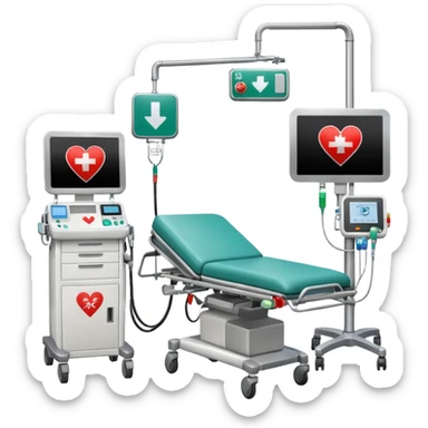 An emergency room corner with defibrillator, monitors, and crash cart.
 sticker