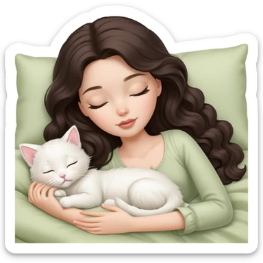 White Barbie girl dark brown long wavy hair sleeping with white kitty at pale olive bed sticker