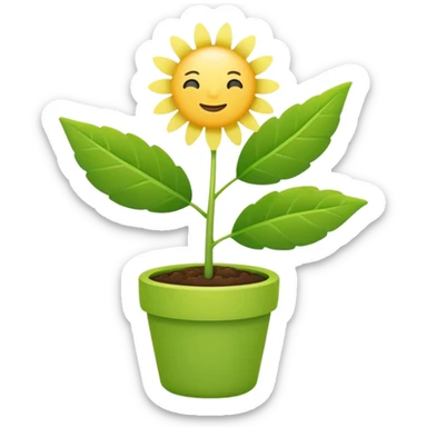 Create a cute, minimal flat emoji of a healthy green plant growing happily under the bright sun. Bright yellow sun above, vibrant green leaves, strong stem, small flowers optional, vector style, simple white background, cheerful and uplifting. sticker
