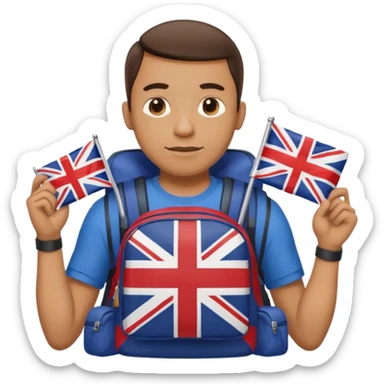A guy with a backpack and a Union Jack on his T-shirt holds the Union Jack. sticker
