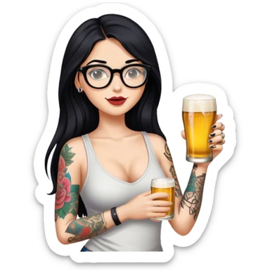 A beautiful woman with long black hair, wearing slippers that stand out, glasses on her face, tattoos on her arm, and holding a beer in one hand. sticker
