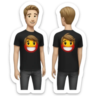 Two twin guys with a smile, medium hair black, red T-shirt with the inscription Prada sticker