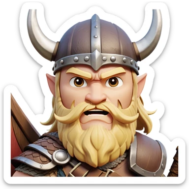 clash-of-clans-aesthetic_-cinematic-comical-viking-portrait-emoji, head tilted dramatically with an exaggerated, fierce expression and wide, comically expressive eyes, featuring a rugged yet cartoonish build with a quirky Viking helmet, standing boldly at the prow of a dragon-headed longship, its intricate dragon details carving through icy waters with epic determination. sticker