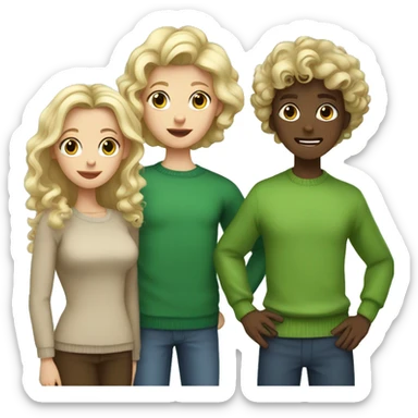 Family, two sisters, one blonde in a green sweater and curls, another sister with chocolate hair, in the middle, tall brother with dark hair sticker