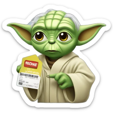 Yoda holding a coupon sticker