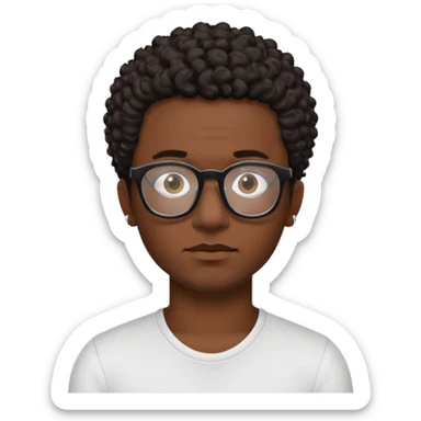 black man with short dark brown curly hair, black glasses, small tattoo on neck sticker