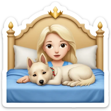 White Belgian shepherd dog with Brown eyes sleeping On a Princessbed with a blonde lady with blonde hair sticker