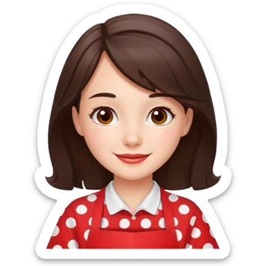 A brunette housewife girl in a red apron with white polka dots. Smiling  sticker