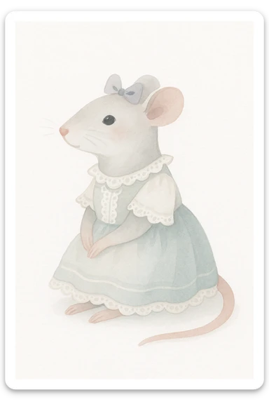 a coquette rat, sitting pretty, with a frilly dress and lace, soft watercolor style sticker
