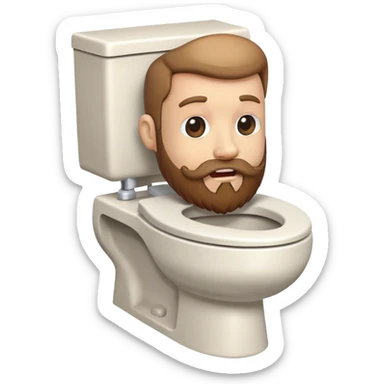 A toilet that has a head coming out of it with a beard sticker