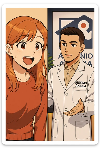 su questo stile fai un manga/webtoon a colori in cui C'è UNA STRISCIA CON FOCUS SUL VOLTO DELLA donna CON ESPRESSIONE DI STUPORE CHE ESCLAMA UNA COSA FELICE, MENTRE NELLA STRISCIA A DESTRA SI VEDE, l'uomo della foto in stile manga LE SPIEGA CHE DEVE PROVARE LA SUA VALUTAZIONE MEDICA, mantieni un ambiente simile alla foto che ho allegato con il suo logo (sarebbe il suo studio, lui è un kinesiologo), scrivigli "ANTONIO ANANIA" sul camice bianco, non mettere fumetti, ma fai in modo che sembri che la donna CHIEDA E  l'uomo RISPONDA sticker