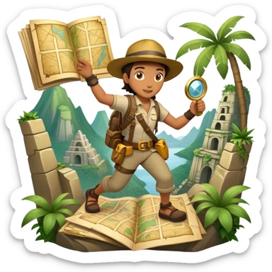 An icon featuring an adventurer in a dynamic action pose, with treasure maps, ancient ruins, and jungle landscapes in the background. The design includes clues, hidden passages, and climbing gear, symbolizing the thrill of exploration and discovery. Transparent background. sticker