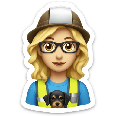 Blonde Construction worker wearing a hat and blue work wear with small black and brown curly dog  sticker