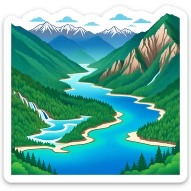 Jiuzhaigou Valley colorful lakes, simplified emoji style with bold outlines and bright colors, cartoon style blue water with mountains sticker