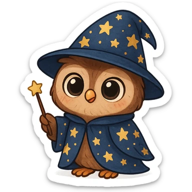 A cute cartoon owl dressed as a wizard, with a starry hat and cloak, big eyes, holding a tiny wand. sticker