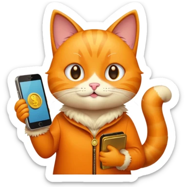 thankful cat emoji with phone displaying screenshots, gold coins around, white background sticker