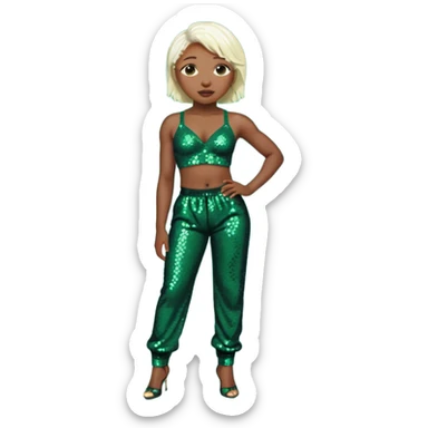 Cynthia Erivo with platinum blonde hair, dark sequin bra, dark green sequin baggy pants  sticker