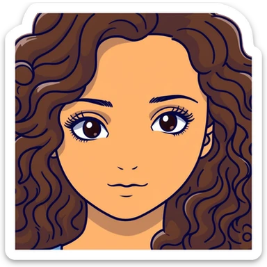 young woman with long curly brown hair, hazel eyes, long eyelashes sticker