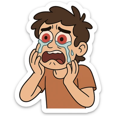 a person with wide, red eyes and tears streaming down, hands near face, showing pain from vinegar in the eyes, cartoon style sticker
