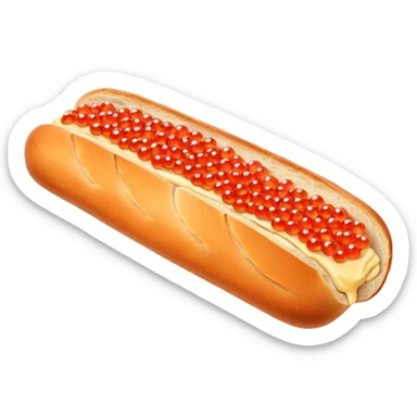 Apple style 3D emoji of a slice of fresh baguette with creamy butter and a generous layer of shining red caviar.
Realistic textures but in a clean 3D icon style. Soft reflections on the caviar pearls, delicious look, isolated on a white background. sticker