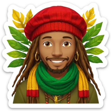 “Create a powerful illustrated portrait of a smiling man with long dreadlocks, wearing a colorful red, gold, and green knitted tam. The background has jungle leaves and warm lighting. Style: vibrant digital art, modern, bold lines, reggae vibe. With a Amsterdam colour scarf around his neck sticker