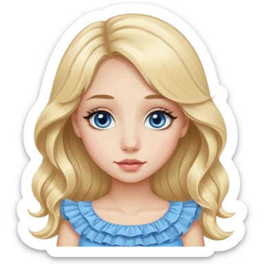 Beautiful Emoji girl with close-set blue eyes and eyeliner on them, long wide nose, wide not very full lips, oval face shape, long blonde hair in cute ruffle top sticker