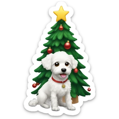 Small white curly dog under a Christmas tree sticker