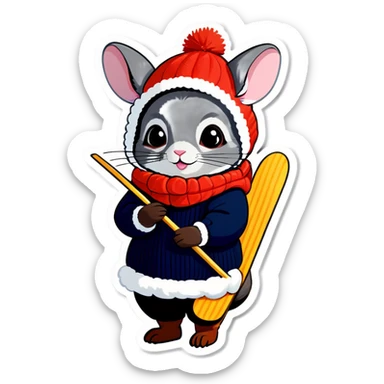 Cute girl chinchilla knitting wearing snow skis sticker